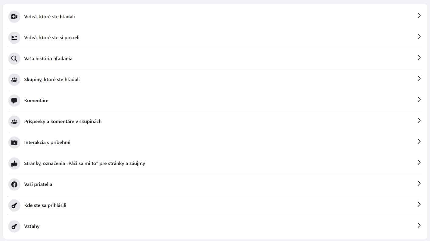 Podrobný zoznam aktivít, ktoré ste na Facebooku robili počas rokov