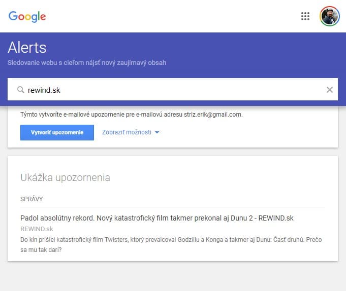 Jednoduché prostredie služby Google Alerts